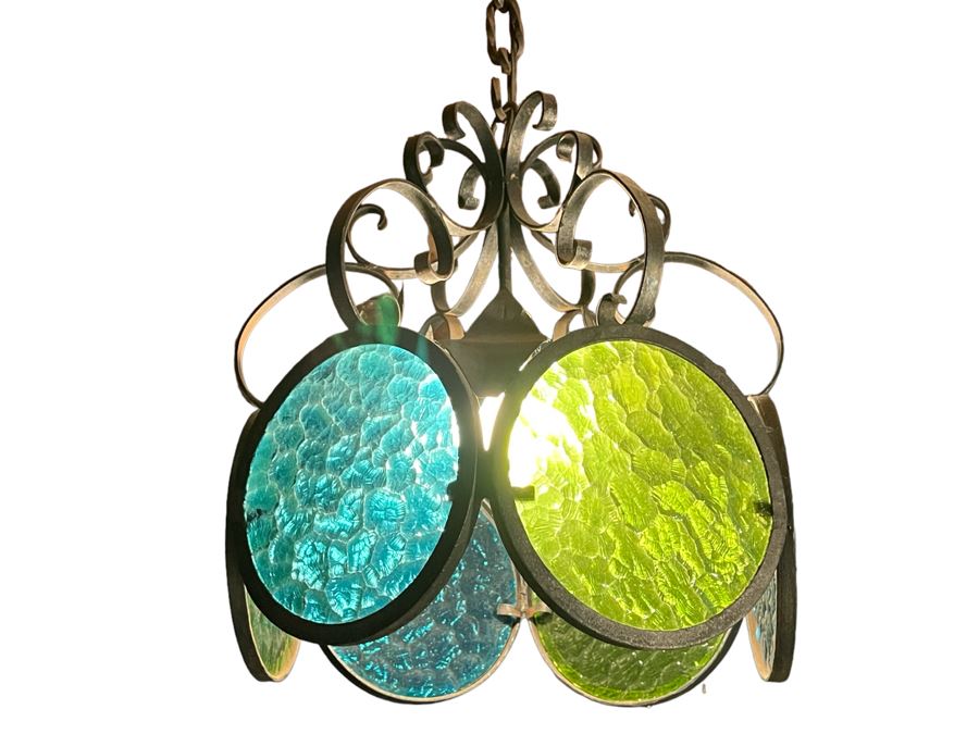 Vintage Wrought Iron Stained Glass Hanging Light Fixture With Long Chain Cord And Electrical Plug [Photo 1]
