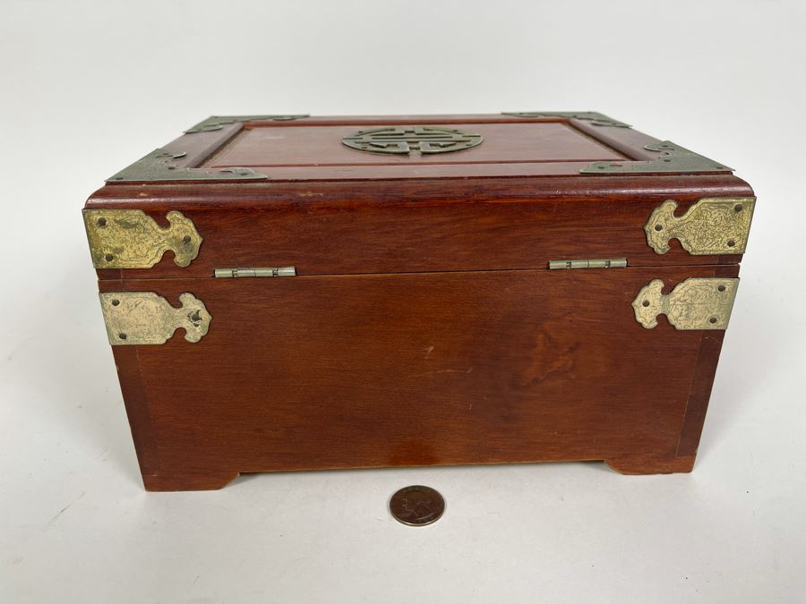 Vintage Chinese Jewelry Box With Brass Ornamentation 10W X 7D X 5.5H