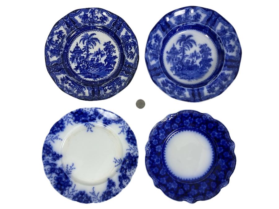 Set Of Four Flow Blue English Plates Apx 9R