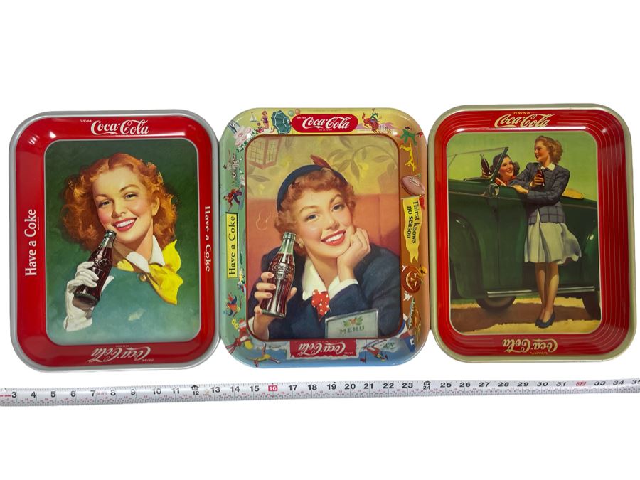 Three Vintage Coca-Cola Tin Litho Trays In Great Condition 10.5 X 13 [Photo 1]