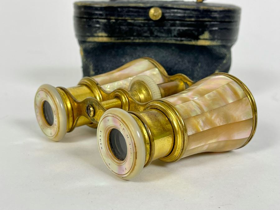 Vintage Brass Mother Of Pearl LeMaire Paris Opera Glasses With Case [Photo 2]