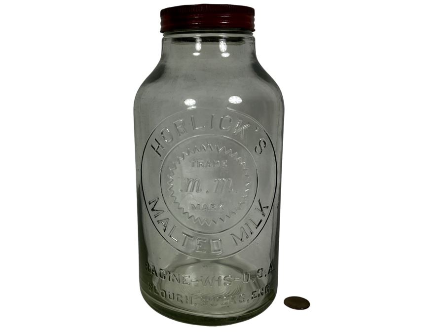 Vintage Horlick's Malted Milk Glass Jar 11H [Photo 1]