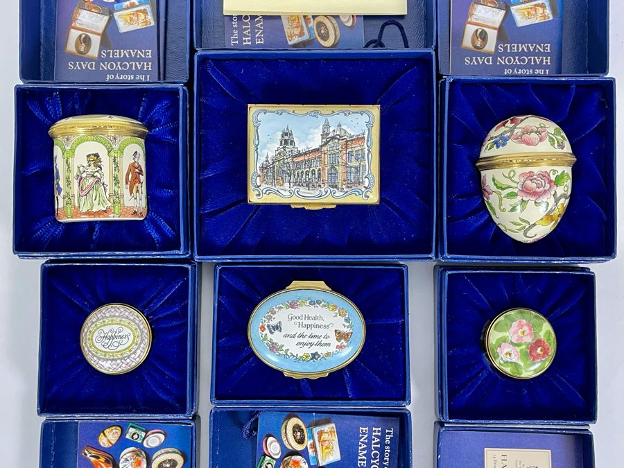Six Halcyon Days Enamel Boxes With Original Boxes Including Limited Edition Bilston Enamel The Victoria & Albert Museum Box 148 Of 350
