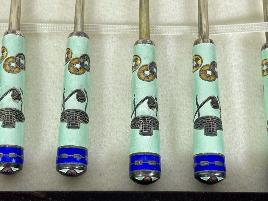 Korean Silver Cloisonne Enamel Spoon & Fork Set With Box [Photo 6]