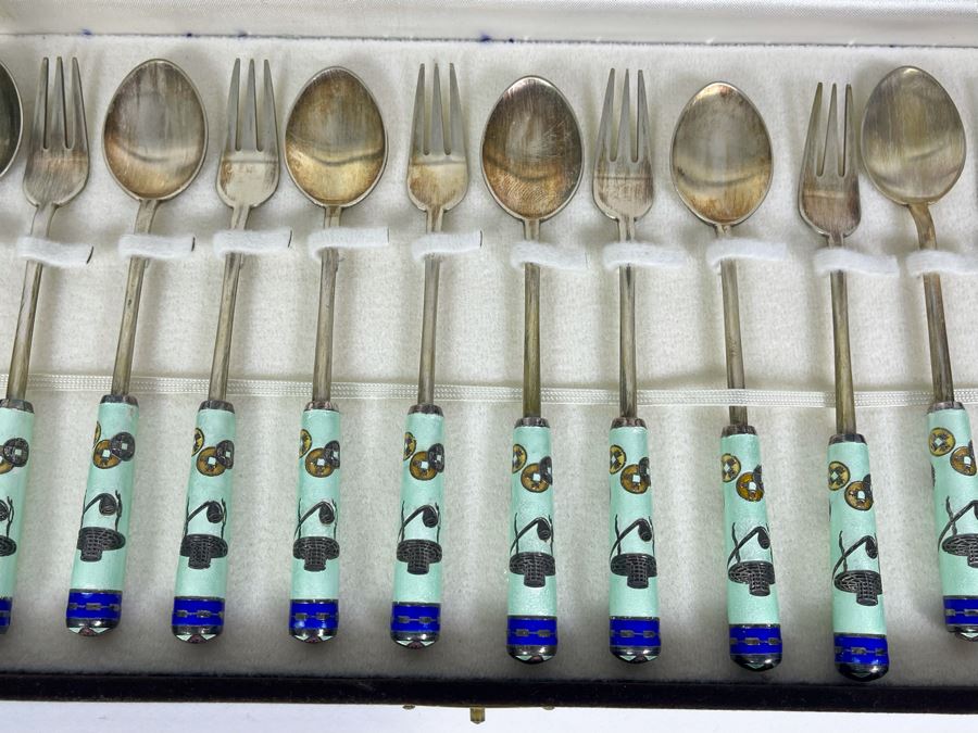 Korean Silver Cloisonne Enamel Spoon & Fork Set With Box [Photo 5]