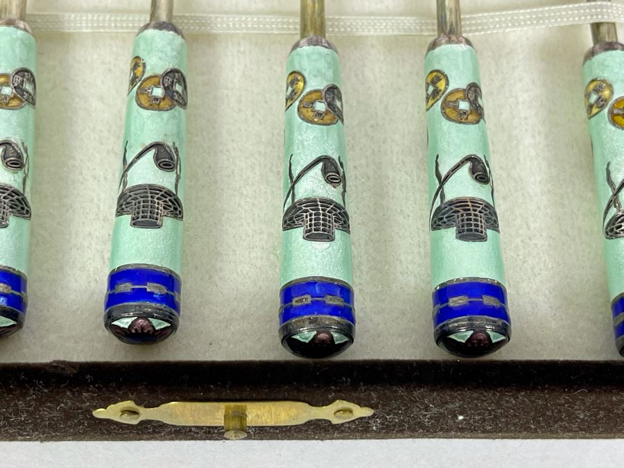 Korean Silver Cloisonne Enamel Spoon & Fork Set With Box [Photo 7]