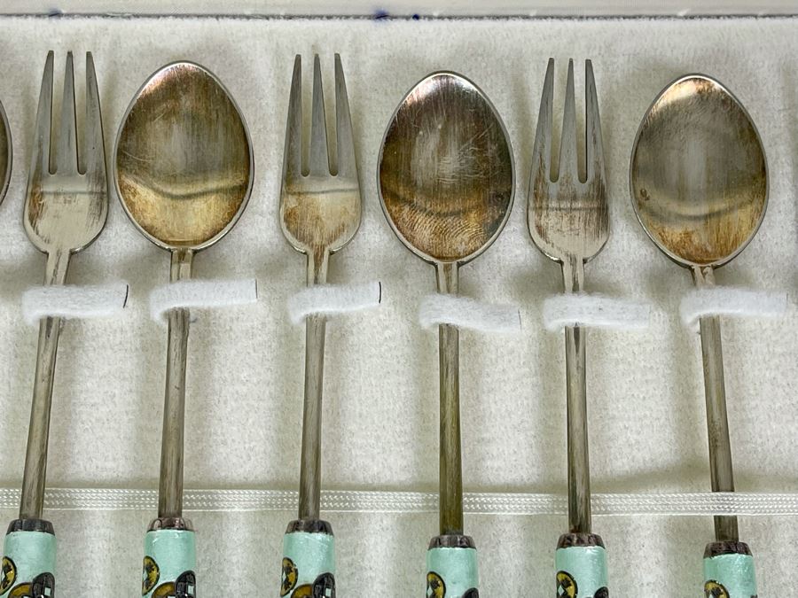 Korean Silver Cloisonne Enamel Spoon & Fork Set With Box [Photo 8]