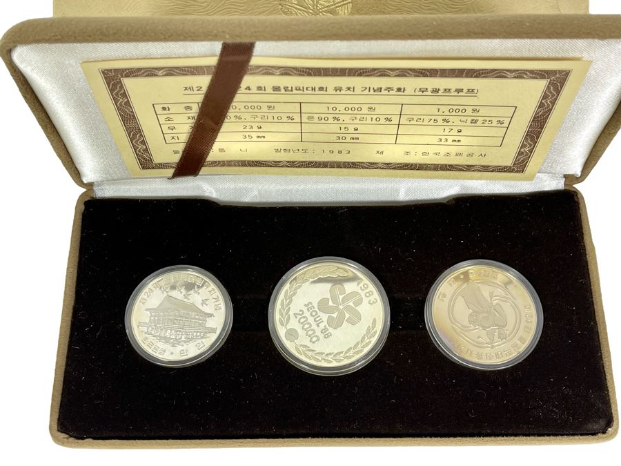1983 24th Olympic Games Seoul Korea Silver Commemorative Coins Proof Set With COA And Box