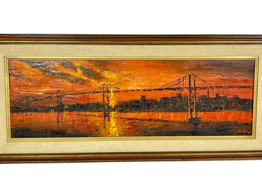 Original Abstract Painting On Board Of The Golden Gate Bridge In San Francisco Signed Jon Holland? 40 X 13 Framed 47 X 21 [Photo 1]