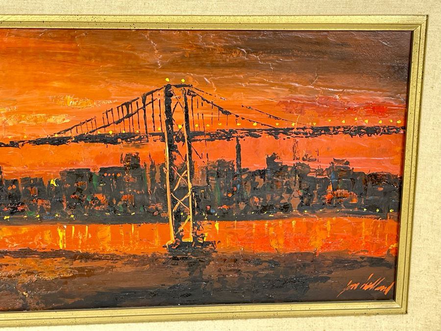 Original Abstract Painting On Board Of The Golden Gate Bridge In San Francisco Signed Jon Holland? 40 X 13 Framed 47 X 21 [Photo 12]