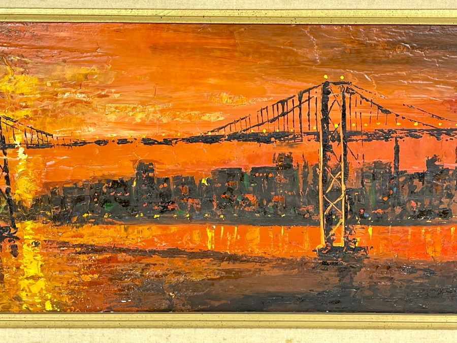 Original Abstract Painting On Board Of The Golden Gate Bridge In San Francisco Signed Jon Holland? 40 X 13 Framed 47 X 21 [Photo 11]