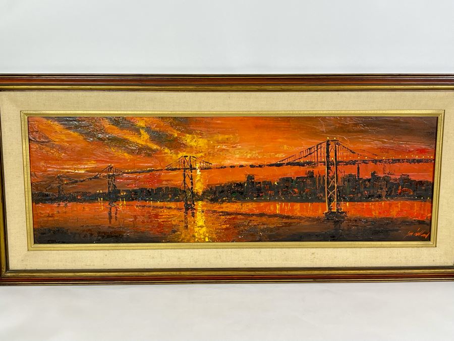 Original Abstract Painting On Board Of The Golden Gate Bridge In San Francisco Signed Jon Holland? 40 X 13 Framed 47 X 21 [Photo 7]