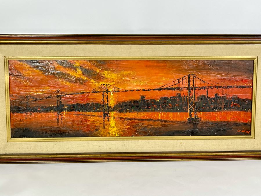 Original Abstract Painting On Board Of The Golden Gate Bridge In San Francisco Signed Jon Holland? 40 X 13 Framed 47 X 21 [Photo 5]