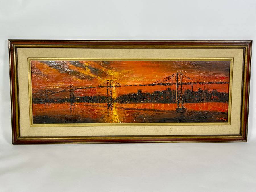 Original Abstract Painting On Board Of The Golden Gate Bridge In San Francisco Signed Jon Holland? 40 X 13 Framed 47 X 21 [Photo 4]
