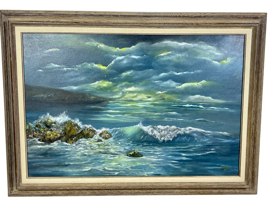 Original Seascape Ocean Painting On Canvas 36 X 24 Framed 43 X 31 By Mary Kattengell [Photo 1]