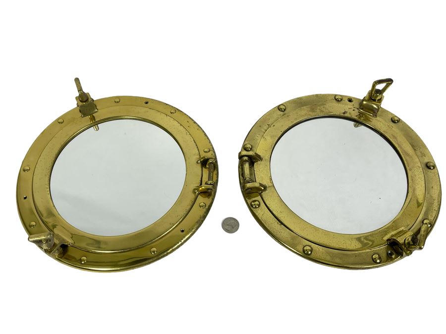Pair Of Brass Ship's Porthole Wall Mirrors 12W