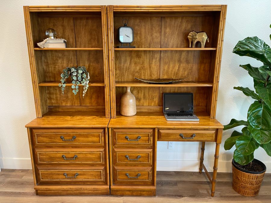 Four Piece Hollywood Regency Wooden Desk Wall Cabinet With Drawers 6'W X 18'D X 6'H [Photo 1]