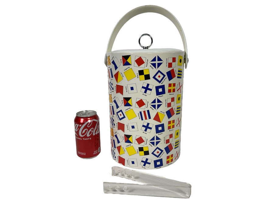 Vintage Nautical Signal Flag Ice Bucket With Tongs