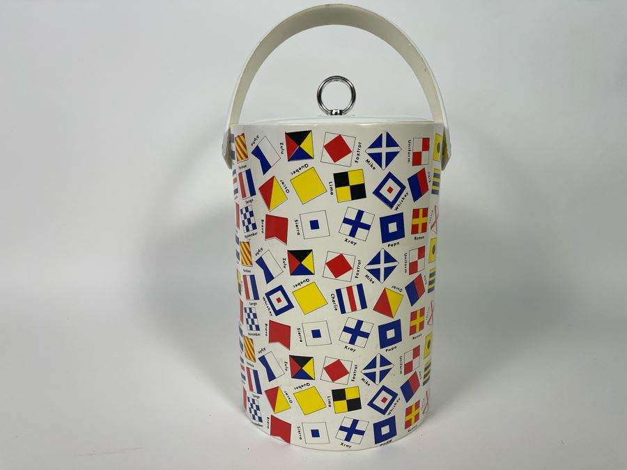 Vintage Nautical Signal Flag Ice Bucket With Tongs [Photo 2]