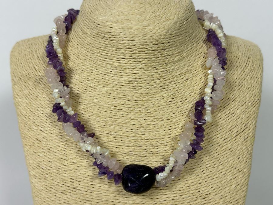 Three Strand Amethyst, Rose Quartz And Pearl 18' Necklace [Photo 3]
