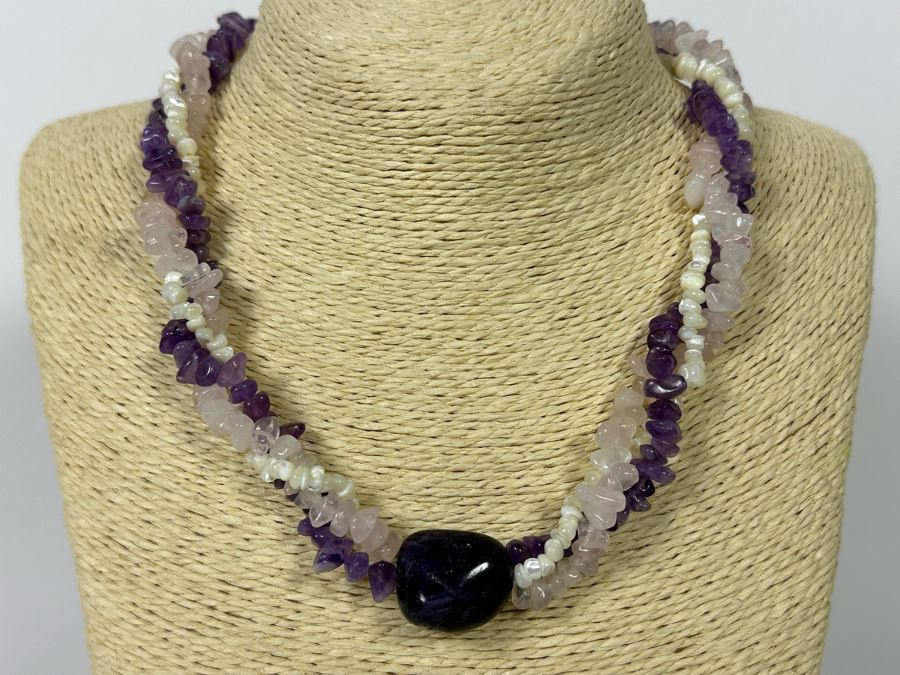Three Strand Amethyst, Rose Quartz And Pearl 18' Necklace [Photo 2]