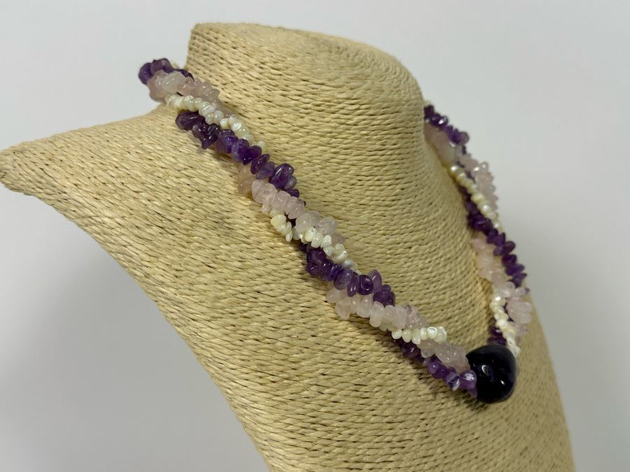 Three Strand Amethyst, Rose Quartz And Pearl 18' Necklace [Photo 4]