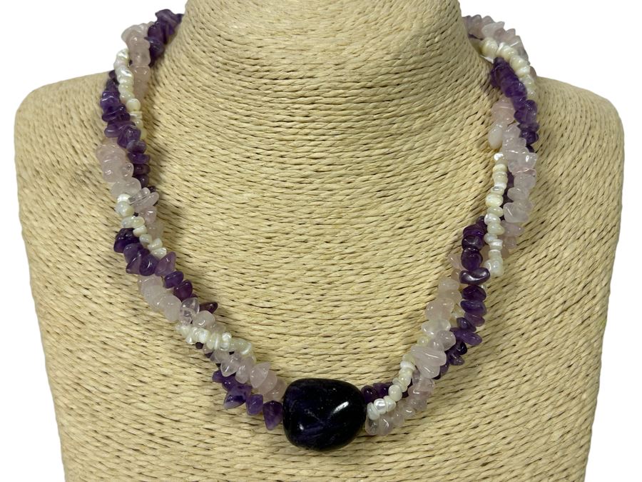 Three Strand Amethyst, Rose Quartz And Pearl 18' Necklace [Photo 1]