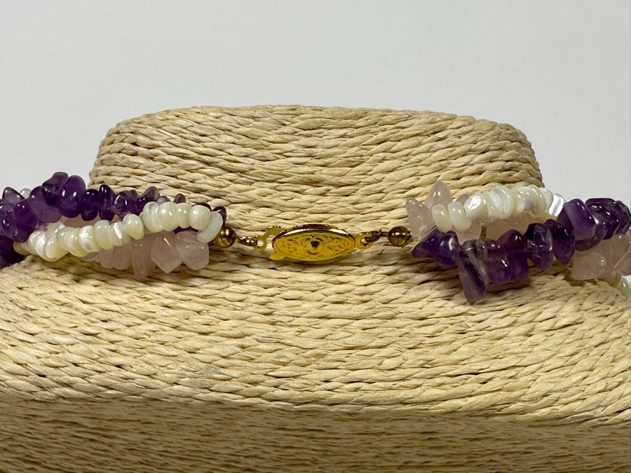 Three Strand Amethyst, Rose Quartz And Pearl 18' Necklace [Photo 5]