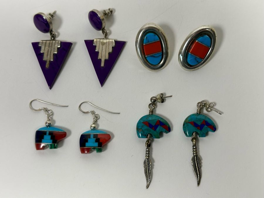 Four Pair Of Sterling Silver And Inlaid Stone Earrings [Photo 2]