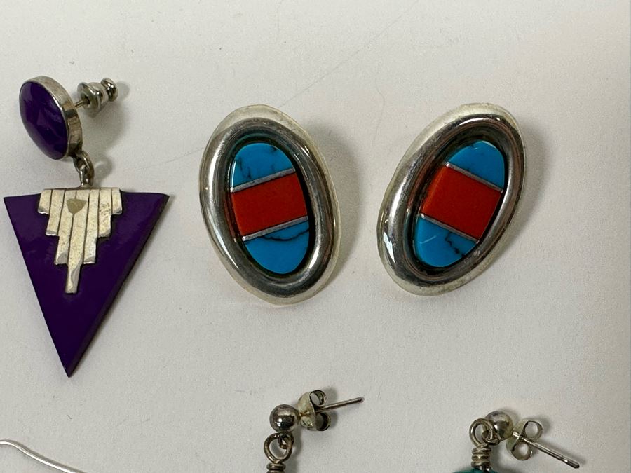 Four Pair Of Sterling Silver And Inlaid Stone Earrings [Photo 7]