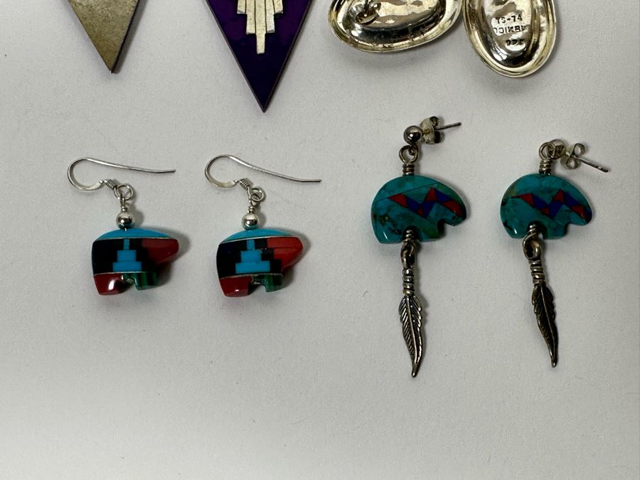 Four Pair Of Sterling Silver And Inlaid Stone Earrings [Photo 10]