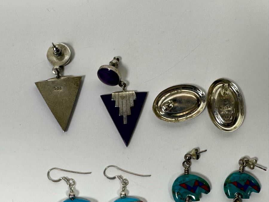 Four Pair Of Sterling Silver And Inlaid Stone Earrings [Photo 9]