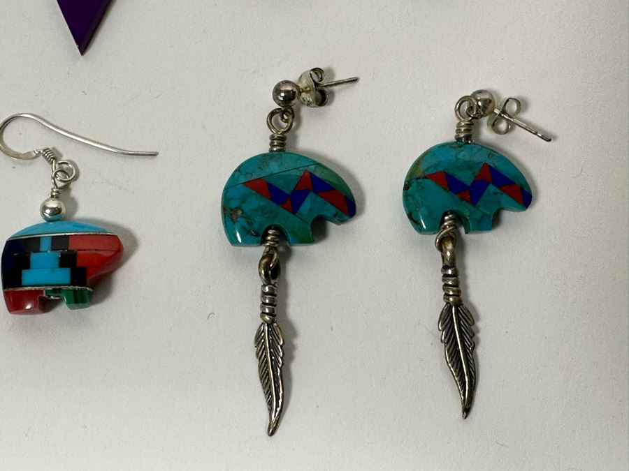 Four Pair Of Sterling Silver And Inlaid Stone Earrings [Photo 6]