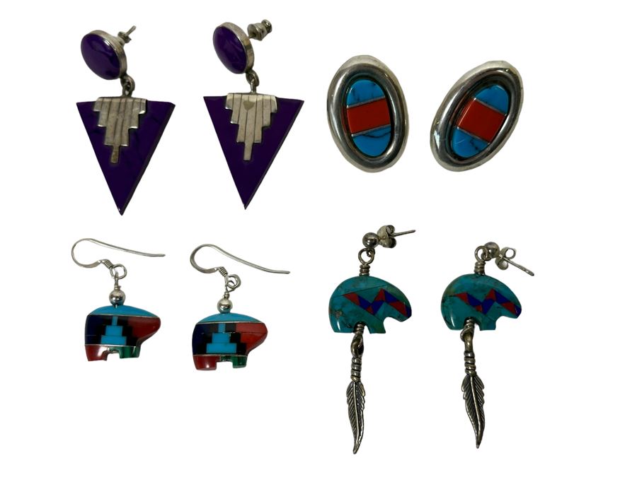 Four Pair Of Sterling Silver And Inlaid Stone Earrings [Photo 1]
