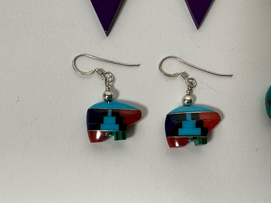 Four Pair Of Sterling Silver And Inlaid Stone Earrings [Photo 5]