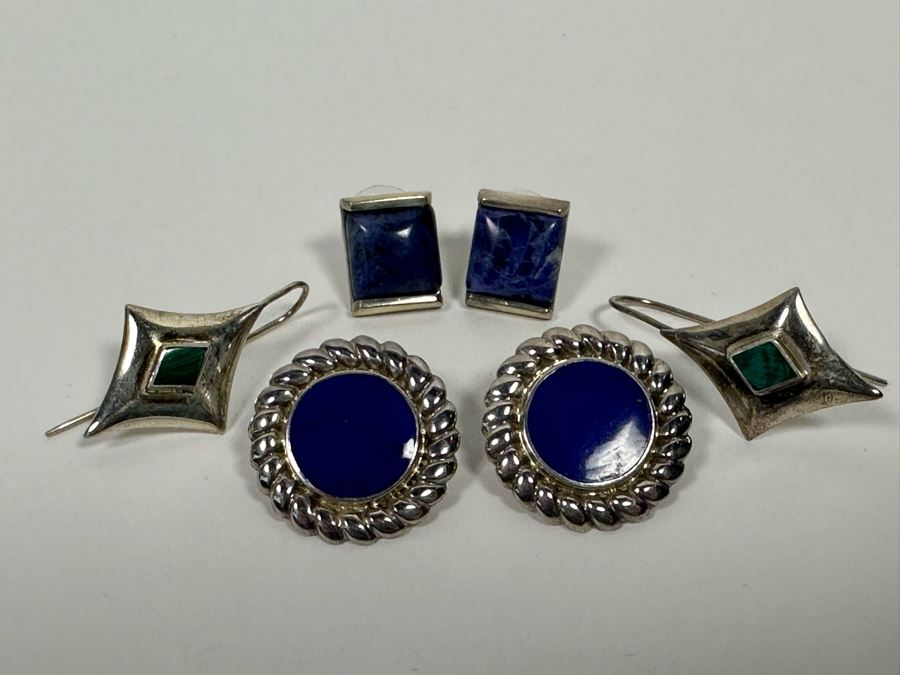 Three Pair Of Sterling Silver Earrings With Stones 20.5g [Photo 2]