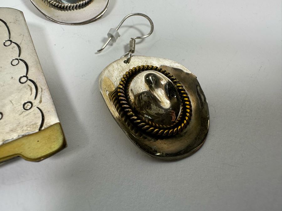 Two Pair Of Sterling Silver Cowboy Hat Earrings And Cowboy Boot Pin Brooch 31.5g [Photo 4]