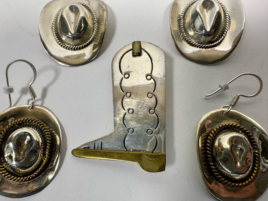 Two Pair Of Sterling Silver Cowboy Hat Earrings And Cowboy Boot Pin Brooch 31.5g [Photo 5]