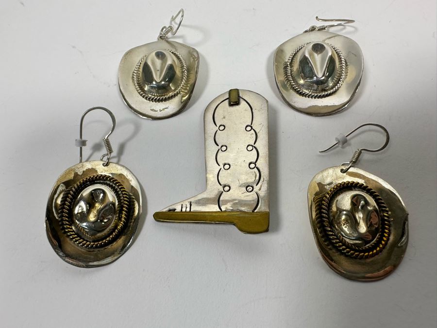 Two Pair Of Sterling Silver Cowboy Hat Earrings And Cowboy Boot Pin ...