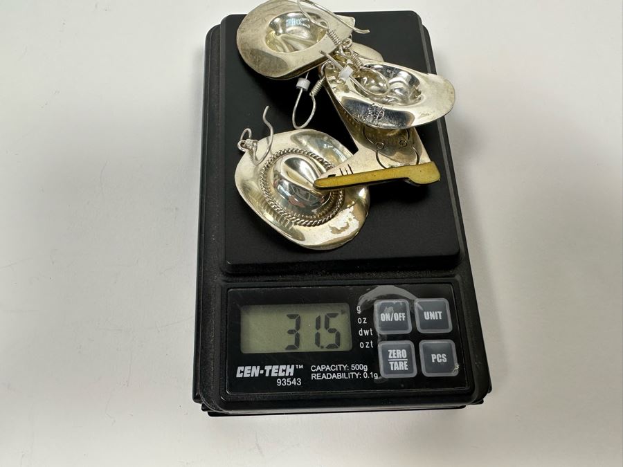 Two Pair Of Sterling Silver Cowboy Hat Earrings And Cowboy Boot Pin Brooch 31.5g [Photo 10]