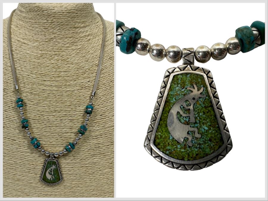 Sterling Silver Inlaind Stone Pendant With Sterling Silver And Turquoise 20' Chain 25.6 [Photo 1]