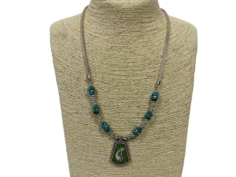 Sterling Silver Inlaind Stone Pendant With Sterling Silver And Turquoise 20' Chain 25.6 [Photo 3]