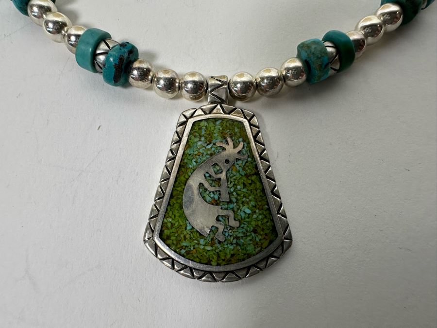 Sterling Silver Inlaind Stone Pendant With Sterling Silver And Turquoise 20' Chain 25.6 [Photo 5]