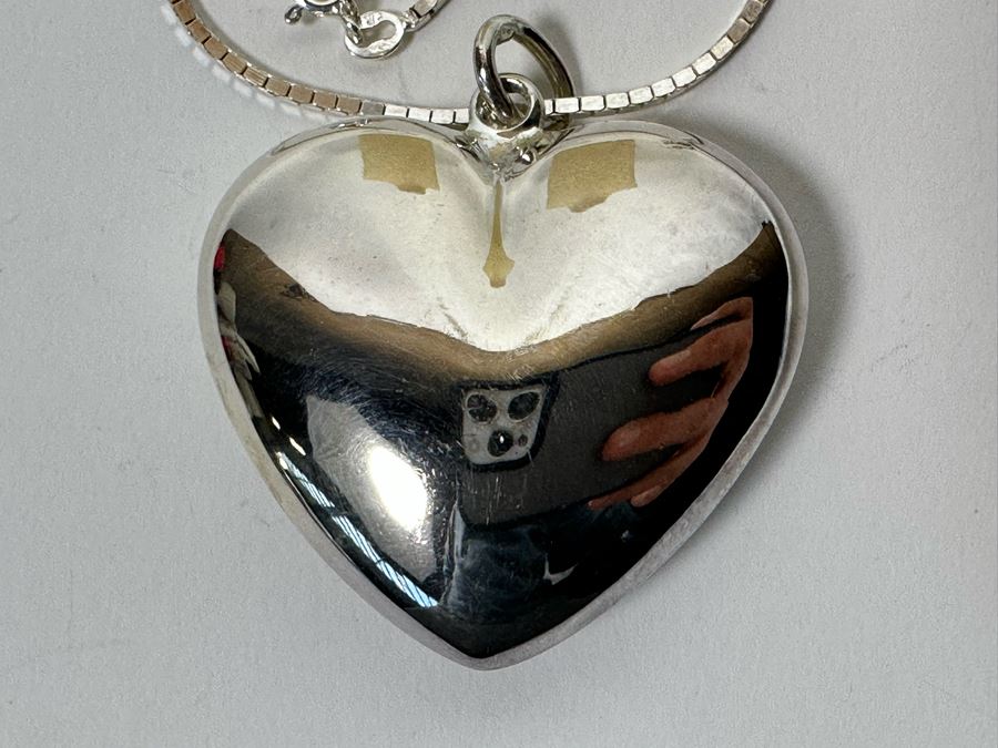 Large Sterling Silver Heart Pendant With Sterling 17' Chain Necklace 35.1g [Photo 4]