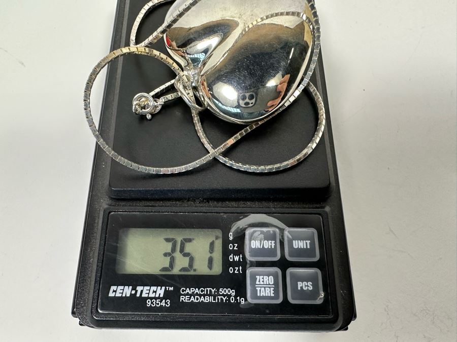 Large Sterling Silver Heart Pendant With Sterling 17' Chain Necklace 35.1g [Photo 6]