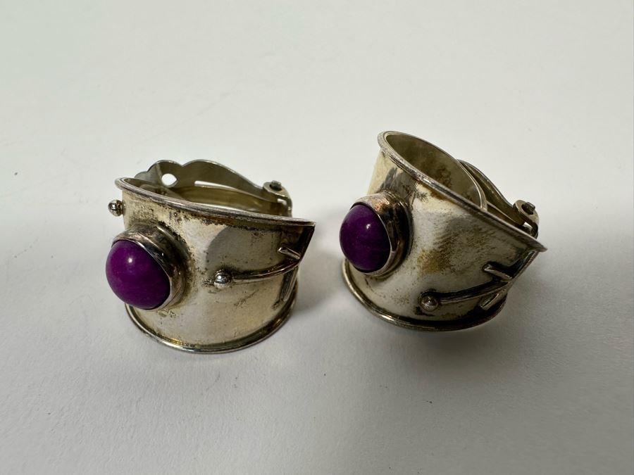 Sterling Silver Clip-On Earrings With Iolite Violet Stones 8.4g [Photo 2]
