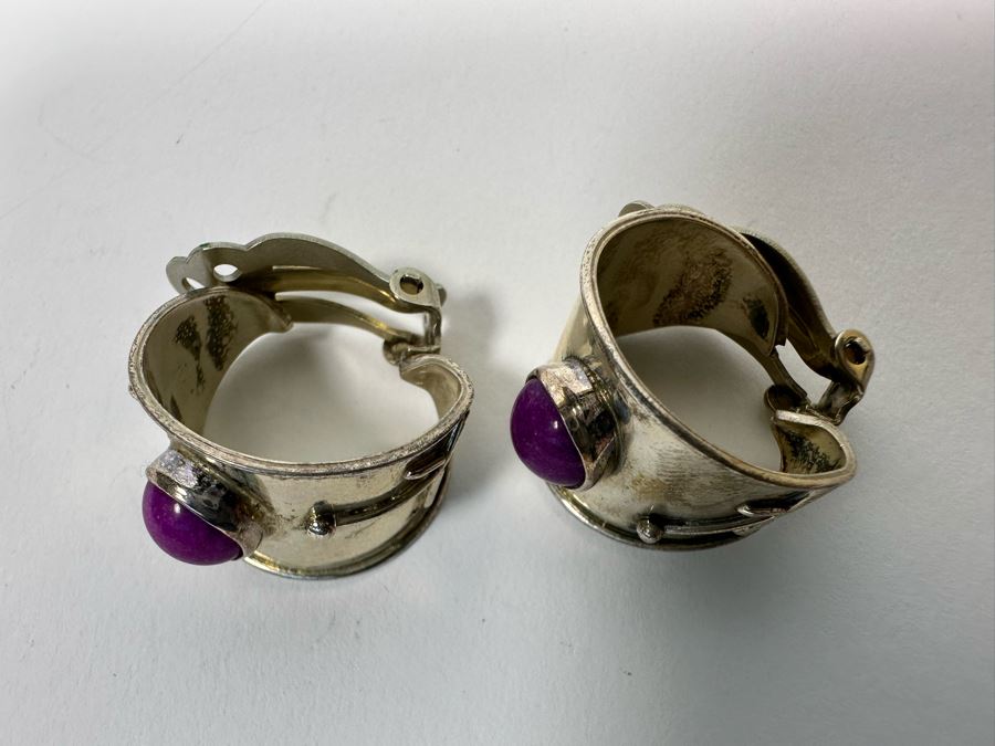 Sterling Silver Clip-On Earrings With Iolite Violet Stones 8.4g [Photo 3]