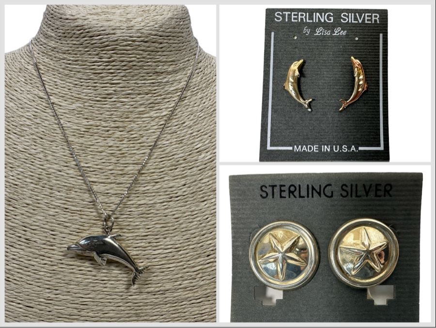 Sterling Silver Dolphine Pendant With Sterling Chain, Sterling Dolphin Earrings And Sterling Shell Earrings [Photo 1]