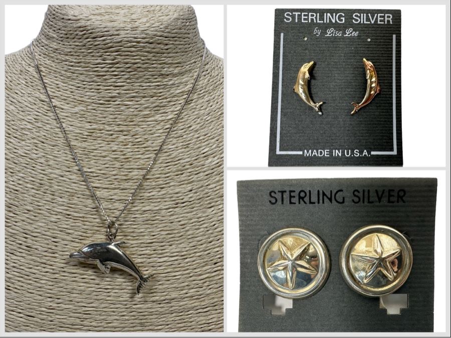 Sterling Silver Dolphine Pendant With Sterling Chain, Sterling Dolphin Earrings And Sterling Shell Earrings