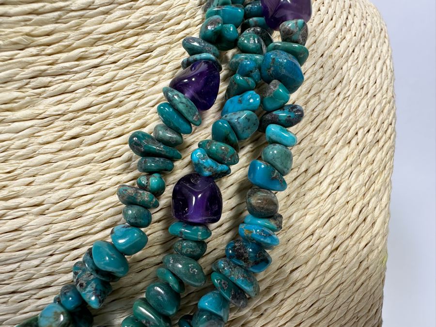 Multi-Strand Turquoise And Amethyst Necklace With Sterling Clasp [Photo 5]